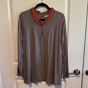 LOGO by Lori Goldstein Taupe Long Sleeve open cotton cardi with button closure